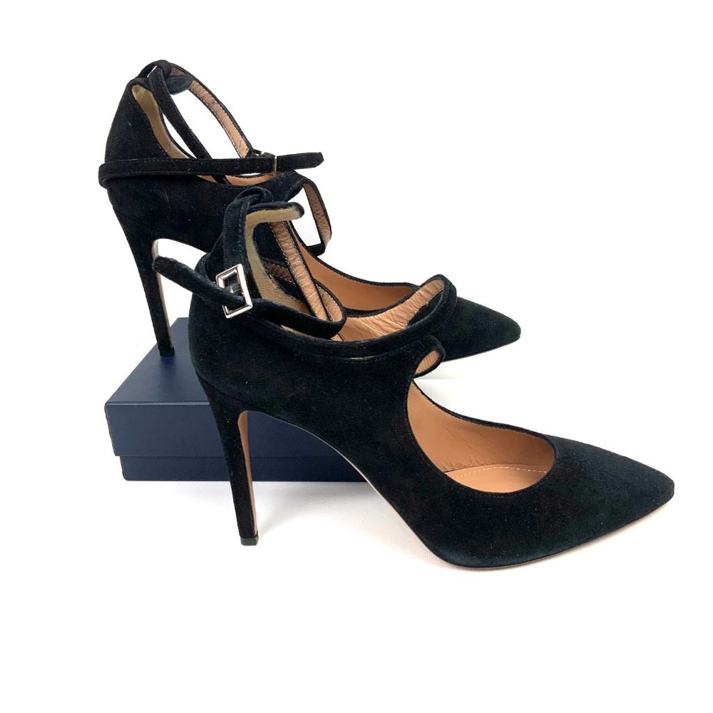 New Lewit Black Leather Suede Stiletto Heels  Ankle Strap Sz 39.5